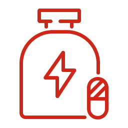 SOMA Fit Club Red outline icon of a bottle with a lightning bolt and a capsule pill, suggesting energy supplements or medication—ideal for those at SOMA Fit Club seeking an EMS workout boost. EMS Training