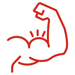 SOMA Fit Club Red outline of a flexed muscular arm with three lines emphasizing the bicep on a light gray background, representing the strength and energy of an EMS workout at SOMA Fit Club. EMS Training