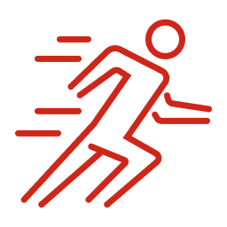 SOMA Fit Club Red outline of a person running, with motion lines behind to indicate speed, on a light gray background, representing the energy and intensity of EMS workout. EMS Training