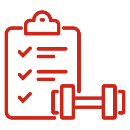 SOMA Fit Club Red outline icon of a clipboard with checkmarks next to a dumbbell, representing EMS workout planning or 20 minute workout tracking. EMS Training