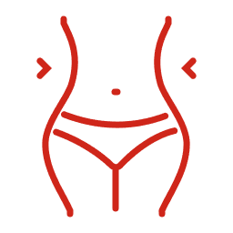 SOMA Fit Club Simple red line drawing of a woman’s waist and hips wearing underwear, with two arrows pointing inward toward the waist—perfect for illustrating EMS Training benefits from SOMA Fit Club's 20 Minute workout. EMS Training