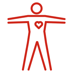 SOMA Fit Club Red outline of a person with arms extended and a heart symbol on the chest, representing the energy and vitality gained from an EMS workout or 20 Minute workout—on a plain background. EMS Training